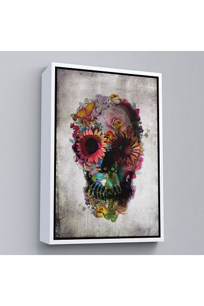 Harita Sepeti White Framed Sugar Skull with Colorful Flowers Skull Day of the Dead Canvas Print