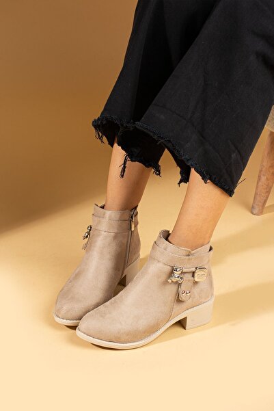 Pembe Potin Kadın Bej Süet Poli Taban Fermuarlı Tokalı Günlük Rahat Kalıp İçi Sıcak Astarlı Bot