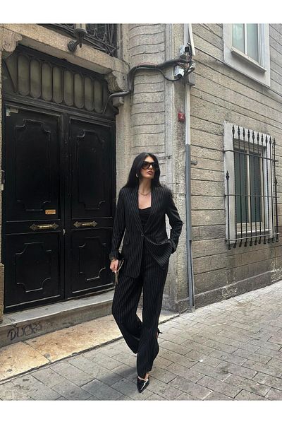 LOVELF Shawl Collar Striped Polyviscon Suit Black