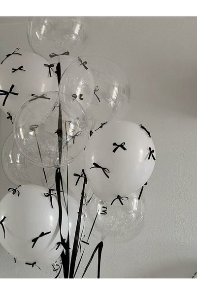Çemrek Süs Parti Transparent and White Balloon Bundle with Black Bow 10Pcs