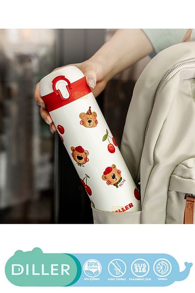 DILLER 480ml New Collection Cute Animals Patterned Straw Lockable Lid Stainless Steel Thermos