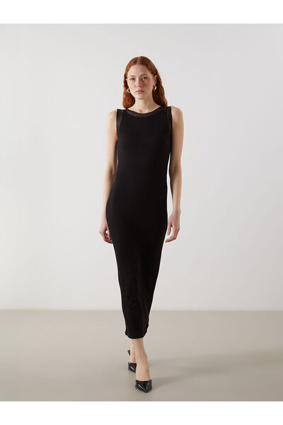 LC Waikiki Γυναικείο φόρεμα με υφή LCW Vision Black Crew Neck