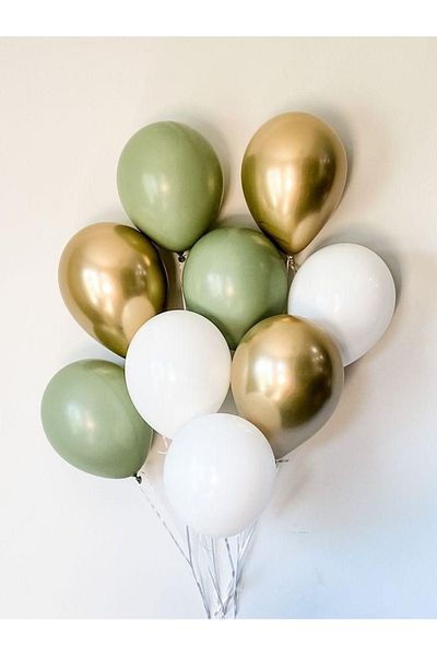 Çemrek Süs Parti Eucalyptus Green Gold Chrome White Balloon Bundle Set 10 Pcs