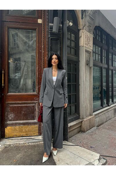 LOVELF Gray Shawl Collar Striped Polyviscon Suit