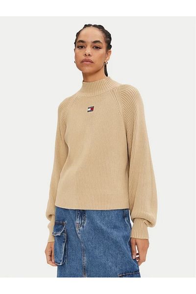 Tommy Hilfiger Dámský béžový Tommy Jeans Badge Jemný zlatý svetr s žebrovaným úpletem