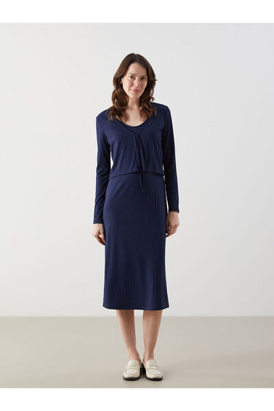LC Waikiki Navy Blue U-Neck Dress and Cardigan Set