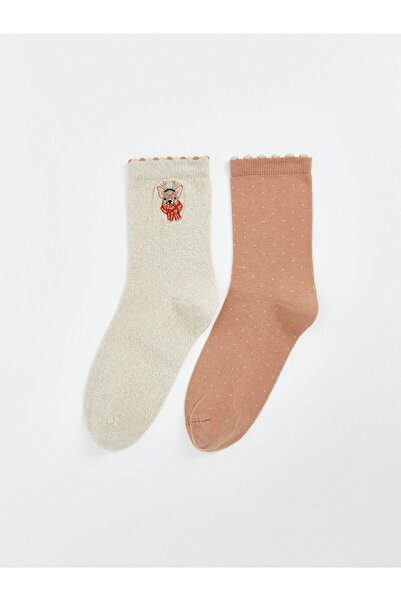 LC Waikiki Дамски чорапи LCW DREAM в екрю цвят с новогодишна тематика, 2 броя