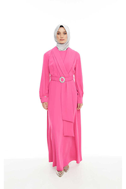 Setrms Taşlı Kemer Tokalı Kruvaze Yaka Elbise