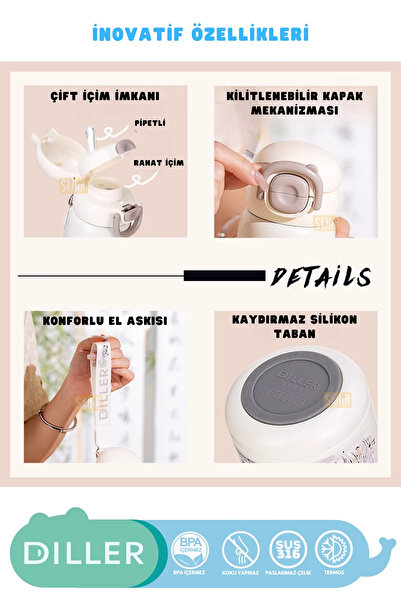 DILLER 600ml Yeni Koleksiyon Sevimli Hayvanlar Desenli Pipetli/Pipetsiz El Askılı Paslanmaz Çelik Termos