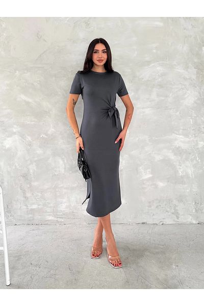 02Lady Fashion Rochie midi din țesătură modal cu detaliu cu fante și fundă