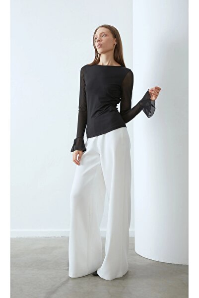 MAXLEVEL MODA بلوزة نسائية بأكمام من التول ومزينة بالدانتيل