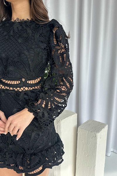 Mine Tan Butik Φόρεμα με μακρυμάνικο σχέδιο με λεπτομέρεια - Μαύρο
