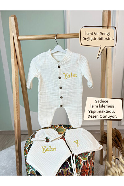 KARSU TASARIM Düğmeli Müslin Hastane Çıkış Seti İsimli Nakış İşlemeli %100 Pa...