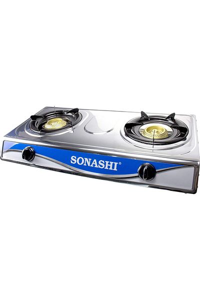 sonashi SGB-208S Double Gas Stove: Stainless steel, two burners, electronic ignition, low gas use.