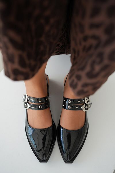selinshoes Estella Double Banded Ankle Lace-Up Women's Ballerinas with Silver Accessories - Black Patent Leather