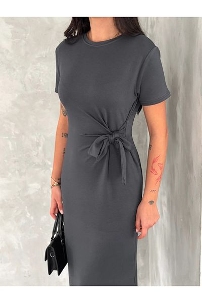 02Lady Fashion Rochie midi din țesătură modal cu detaliu cu fante și fundă