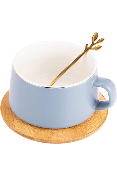 AKDC Ceramic Cup W/Saucer And Spoon 9Cm X 9Cm X 5Cm Blue, Wooden, Gold
