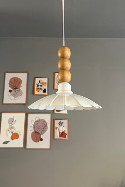 Bamyum Risso Beyaz Tekli Metal Avize Ahşap Üç Boncuk Cafe Mutfak Modern Dekoratif Sarkıt Aydınlatma