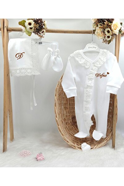 gros shop Yeni Doğan %100 Pamuk Dantelli Hastene Çıkış Tulum Seti (KİŞİYE ÖZG...