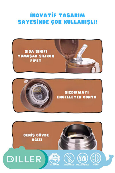 DILLER 480ml Yeni Koleksiyon Sevimli Hayvanlar Desenli Pipetli Kilitlenebilir Kapak Paslanmaz Çelik Termos