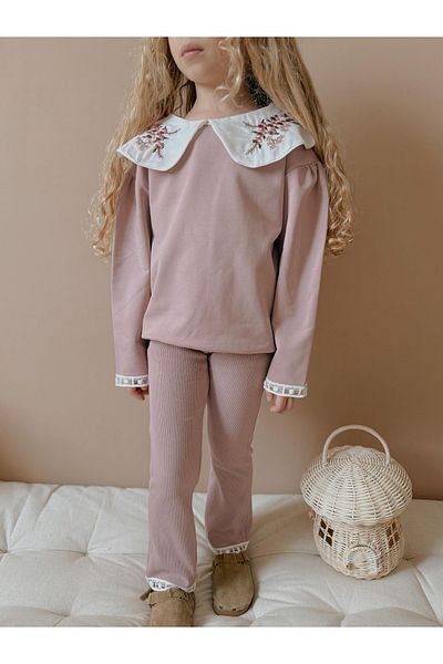 patriko tekstil Girl's Collar Flower Embroidered Pink Color Bottom Top Set