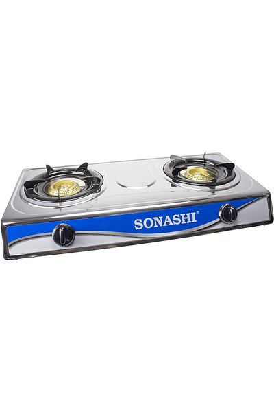 sonashi SGB-208S Double Gas Stove: Stainless steel, two burners, electronic ignition, low gas use.
