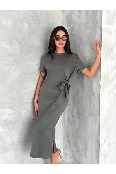 02Lady Fashion Modal Kumaş Yırtmaç ve Fiyonk Detaylı Midi Elbise
