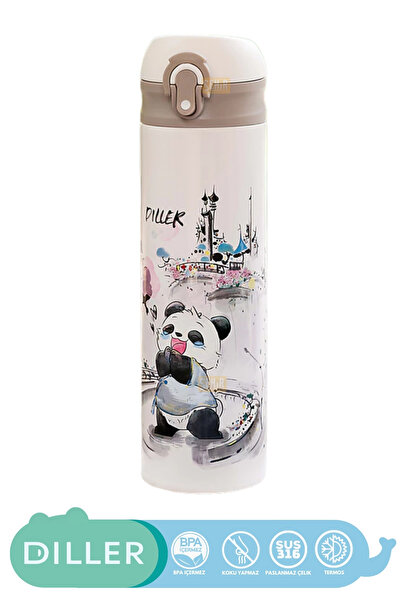 DILLER 480ml Yeni Koleksiyon Sevimli Hayvanlar Desenli Pipetli Kilitlenebilir Kapak Paslanmaz Çelik Termos