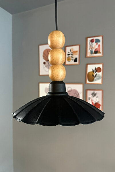 Bamyum Risso Siyah Tekli Metal Avize Ahşap Üç Boncuk Cafe Mutfak Modern Dekoratif Sarkıt Aydınlatma