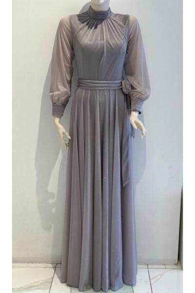 DORİDORCA Simli Kol Kısmı Transparan Fermuar Kapama Kuşaklı Abiye Elbise