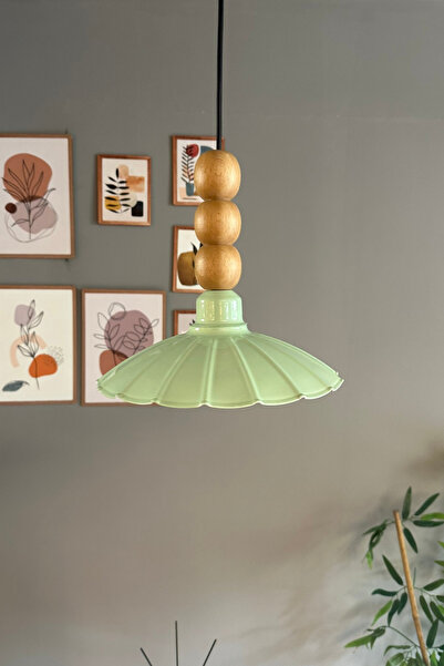 Bamyum Risso Mint Tekli Metal Avize Ahşap Üç Boncuk Cafe Mutfak Modern Dekoratif Sarkıt Aydınlatma