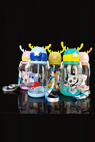 GÜZELYÜZ AVM Geyik Model Mavi Şeffaf Pipetli Matara 700ml | Askı İpli Su Matarası Şişe Suluk Kulaklı Boynuzlu