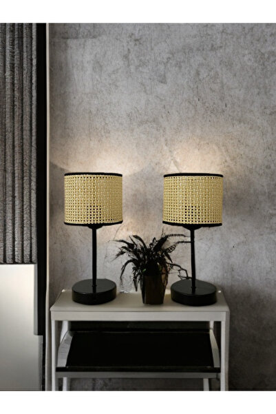 retro home design Abajur Ikili Set Bej Hasır Şapkalı Abajur Masa Lambası Salon Yatak Odası 2'li