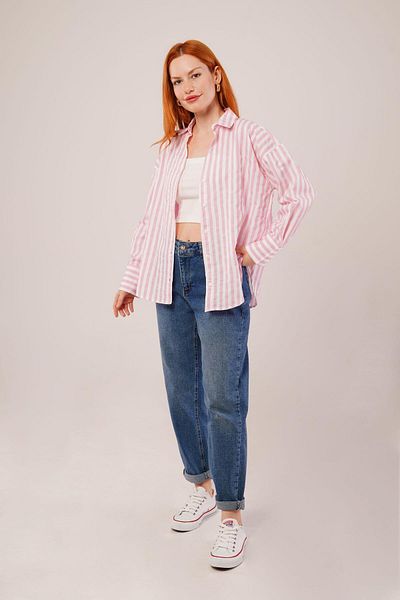 İpeksi Silky Striped Relaxed Fit Pink Shirt