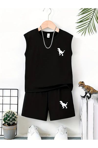 LUNAVISTA 2 Pieces Set Solid Color Dinosaur Pattern Sleeveless Crop Top Round Neck Shorts,