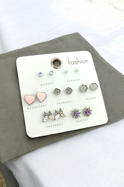 Çlk Accessories Colorful Heart Swelling 7 Teeth Premium Earring Set 35684