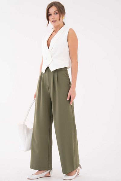 Saade Khaki High Waist Velcro Closure Double Pleat Woven Palazzo Trousers