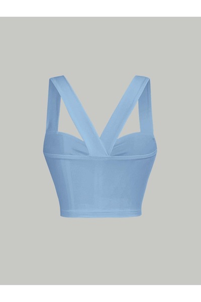 WEEST MODA Baby Blue Summer Wide Shoulder Strap Twist Front Wide Strap Top Crop