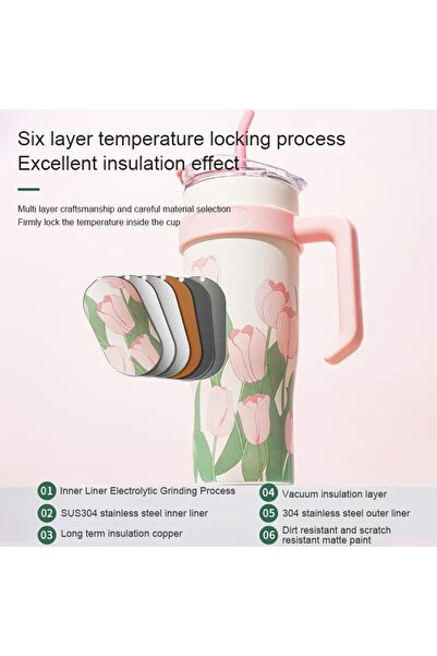 DILLER Lale Desenli Pipetli Yalıtımlı 1200ml 12 Saate Kadar Sıcak/Soğuk Bardak Gövdeli Termos