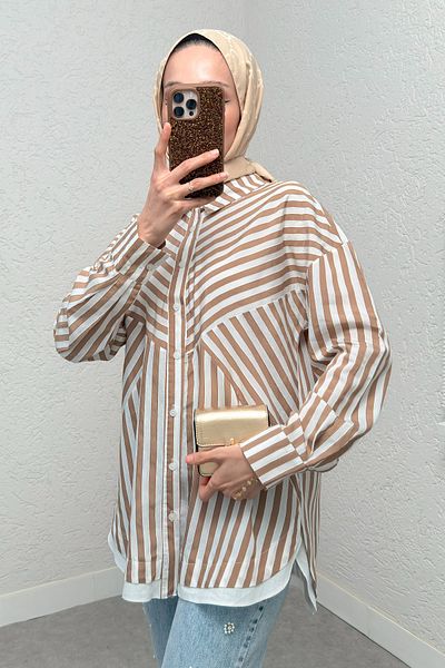 Salih Çelebi Ασύμμετρο ριγέ πουκάμισο Hijab 2267 - MINK