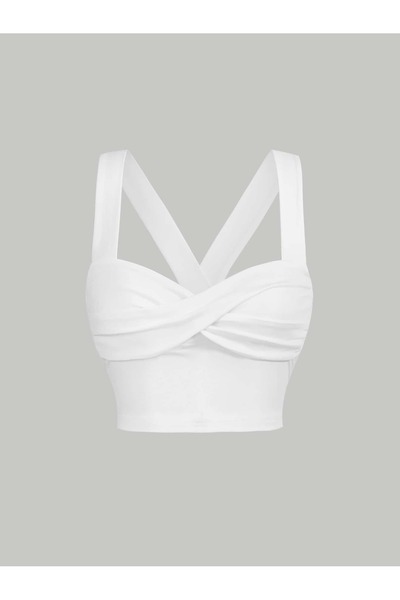 WEEST MODA White Summer Wide Shoulder Strap Twist Front Wide Strap Top Crop