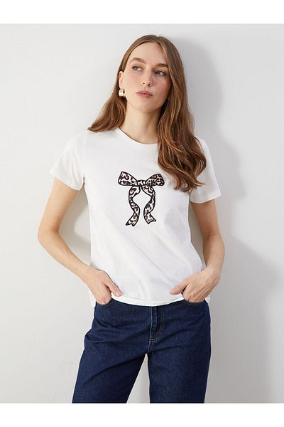 LC Waikiki Dámské tričko s vyšívanou stuhou Crew Neck