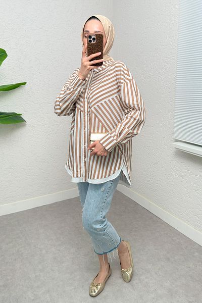 Salih Çelebi Ασύμμετρο ριγέ πουκάμισο Hijab 2267 - MINK