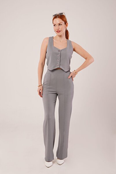 Hariqa    Thick Strap Buttoned Vest and Trousers Gray Set