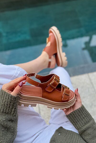 SHOEBELLAS Sury Tan Skin Double Buckle Women's Sandals