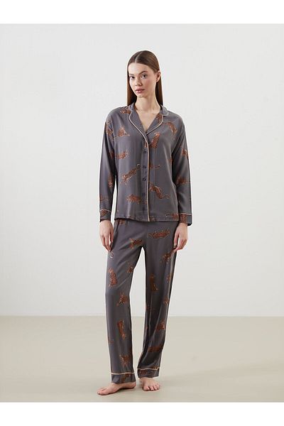 LC Waikiki Shirt Collar Leopard Print Women's Pajamas Set