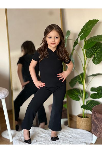 renkli diyar Girls Children's Bottom Top Suit Hooded Short Sleeve and Spanish Leg Trousers