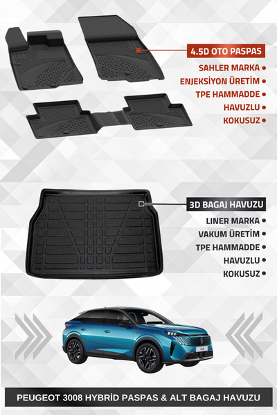 Sahler Peugeot 3008 2024+ Hybrid Uyumlu 4.5D Premium Havuzlu Oto Paspas ve Li...