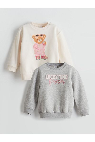 LC Waikiki Bear Teddy Printed Girl's Thick Sweatshirt 2 Pack