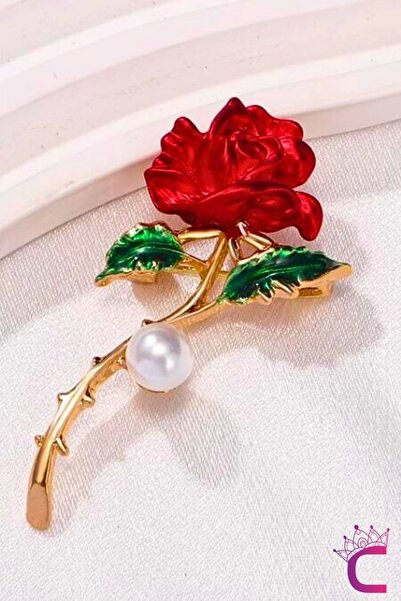 Cinderella Kırmızı Gül Tasarım İncili Taşlı Kadın Broş - Sevgiliye Eşe Hediye...
